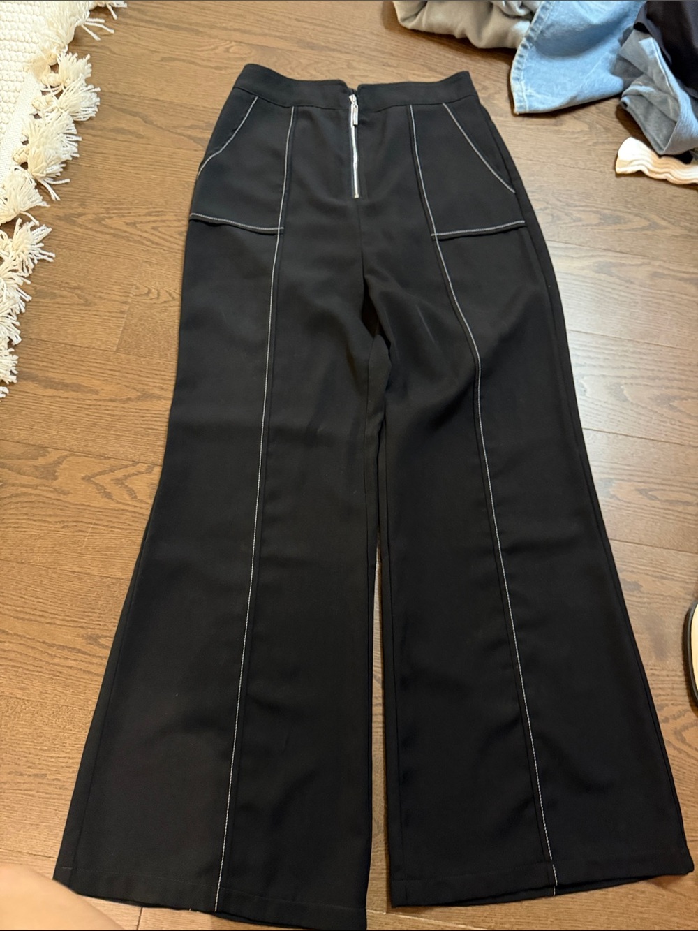 Black Wide-Leg Stitch-Detail Pants